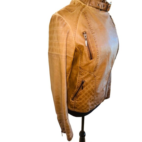 Vintage Max Edition Camel Faux Leather Moto Biker Jacket Coat S Street Style 90s - Picture 7 of 16
